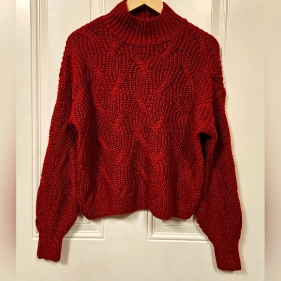 AE American Eagle Cable Knit Mock neck Red Sweater jumper Bishop sleeve size S - Picture 2 of 11